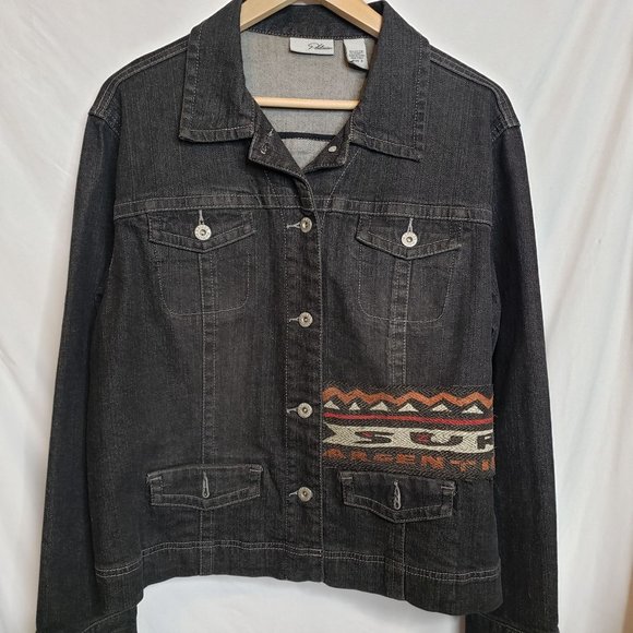 Upcycled Black Denim Jacket Adult Size Large Argentina Panel On Back - Picture 1 of 9